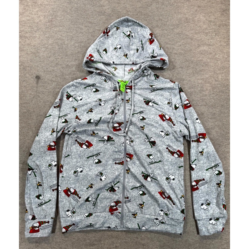 Peanuts Snoopy Christmas Hoodie Womens M Gray Fleece Lined Drawstring Full Zip